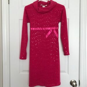 Bloome de jeune fille Pink Sequin Long Sleeve Cowl Neck Dress Offset Bow
